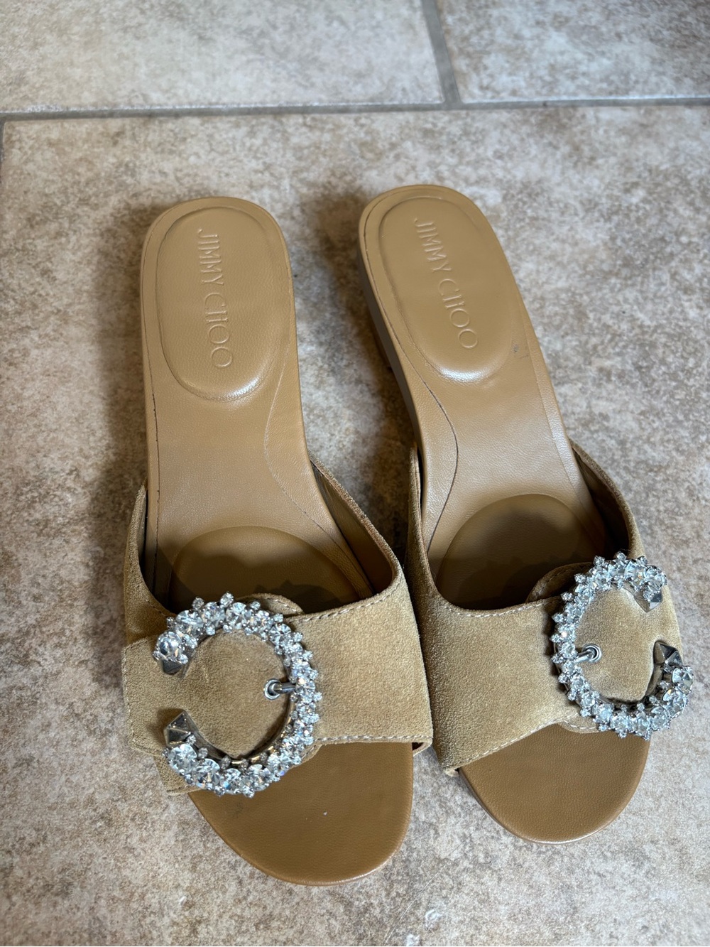 Jimmy Choo Beige Suede Slide Sandals with Crystal Circle Buckles